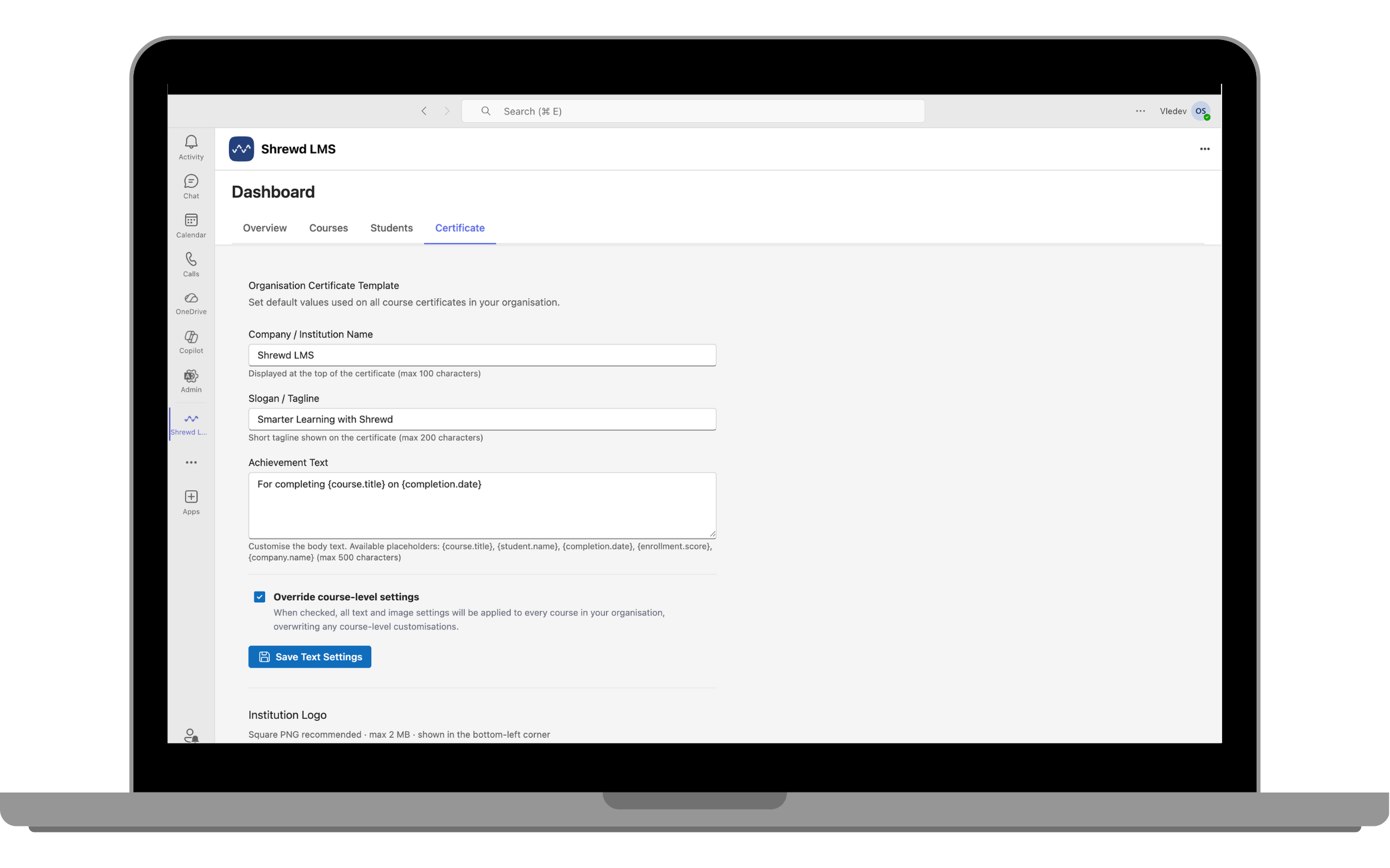 Certificate Template Settings